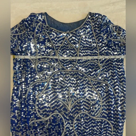 Vintage Blue Sequin Beaded Silk Dress Art Deco Midi Party Formal - Picture 9 of 16